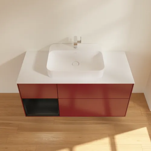Picture of VILLEROY BOCH Finion Vanity unit, with lighting, 3 pull-out compartments, 1200 x 603 x 501 mm, Peony Matt Lacquer / Black Matt Lacquer / Glass White Matt #F411PDHB