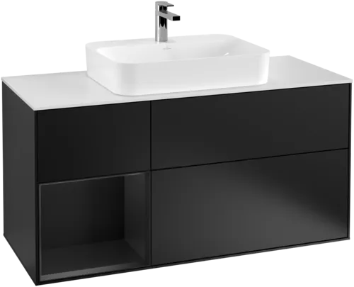 Bild von VILLEROY BOCH Finion Waschbeckenunterschrank, mit Beleuchtung, 3 Auszüge, 1200 x 603 x 501 mm, Black Matt Lacquer / Black Matt Lacquer / Glass White Matt #F411PDPD