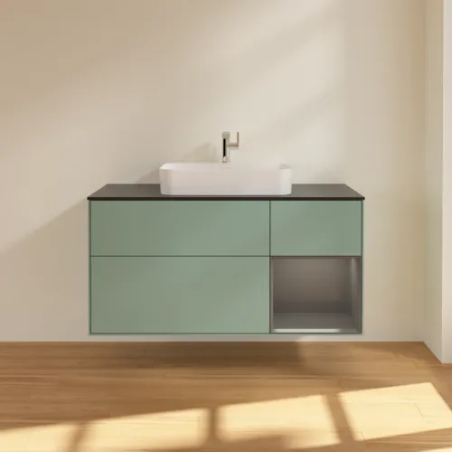 Bild von VILLEROY BOCH Finion Waschbeckenunterschrank, mit Beleuchtung, 3 Auszüge, 1200 x 603 x 501 mm, Olive Matt Lacquer / Anthracite Matt Lacquer / Glass Black Matt #F422GKGM