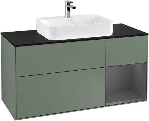 Bild von VILLEROY BOCH Finion Waschbeckenunterschrank, mit Beleuchtung, 3 Auszüge, 1200 x 603 x 501 mm, Olive Matt Lacquer / Anthracite Matt Lacquer / Glass Black Matt #F422GKGM