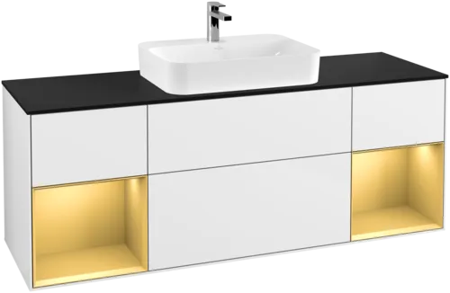 Bild von VILLEROY BOCH Finion Waschbeckenunterschrank, mit Beleuchtung, 4 Auszüge, 1600 x 603 x 501 mm, Glossy White Lacquer / Gold Matt Lacquer / Glass Black Matt #F452HFGF