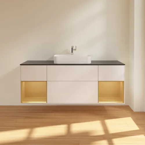 Bild von VILLEROY BOCH Finion Waschbeckenunterschrank, mit Beleuchtung, 4 Auszüge, 1600 x 603 x 501 mm, Glossy White Lacquer / Gold Matt Lacquer / Glass Black Matt #F452HFGF