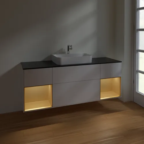 Bild von VILLEROY BOCH Finion Waschbeckenunterschrank, mit Beleuchtung, 4 Auszüge, 1600 x 603 x 501 mm, Glossy White Lacquer / Gold Matt Lacquer / Glass Black Matt #F452HFGF