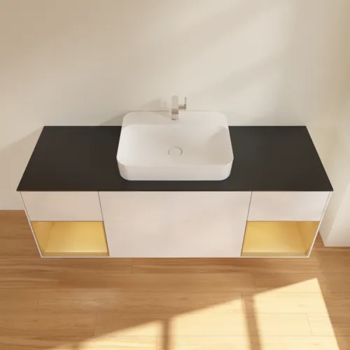 Bild von VILLEROY BOCH Finion Waschbeckenunterschrank, mit Beleuchtung, 4 Auszüge, 1600 x 603 x 501 mm, Glossy White Lacquer / Gold Matt Lacquer / Glass Black Matt #F452HFGF