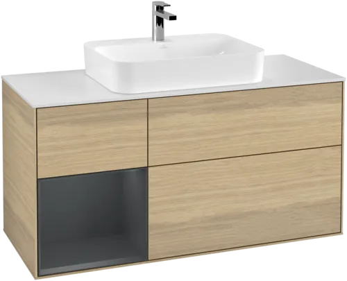 Obrázek VILLEROY BOCH Toaletní skříňka Finion, s osvětlením, 3 výsuvy, 1200 x 603 x 501 mm, dubová dýha / půlnočně modrý matný lak / bílé matné sklo #F411HGPC