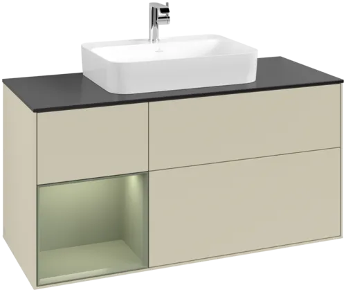 Bild von VILLEROY BOCH Finion Waschbeckenunterschrank, mit Beleuchtung, 3 Auszüge, 1200 x 603 x 501 mm, Silk Grey Matt Lacquer / Olive Matt Lacquer / Glass Black Matt #F412GMHJ
