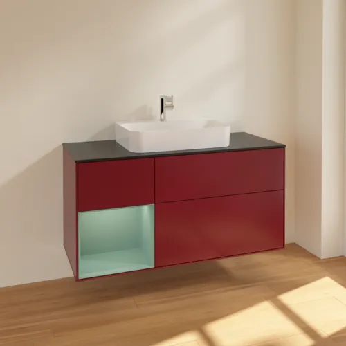 Bild von VILLEROY BOCH Finion Waschbeckenunterschrank, mit Beleuchtung, 3 Auszüge, 1200 x 603 x 501 mm, Peony Matt Lacquer / Olive Matt Lacquer / Glass Black Matt #F412GMHB