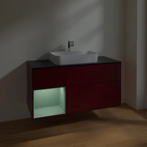 Bild von VILLEROY BOCH Finion Waschbeckenunterschrank, mit Beleuchtung, 3 Auszüge, 1200 x 603 x 501 mm, Peony Matt Lacquer / Olive Matt Lacquer / Glass Black Matt #F412GMHB