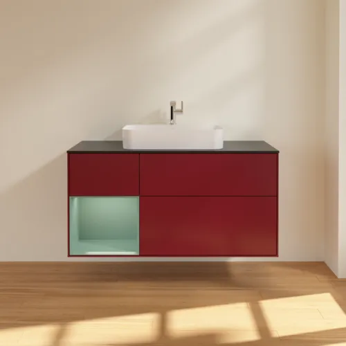 Bild von VILLEROY BOCH Finion Waschbeckenunterschrank, mit Beleuchtung, 3 Auszüge, 1200 x 603 x 501 mm, Peony Matt Lacquer / Olive Matt Lacquer / Glass Black Matt #F412GMHB