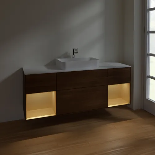 Bild von VILLEROY BOCH Finion Waschbeckenunterschrank, mit Beleuchtung, 4 Auszüge, 1600 x 603 x 501 mm, Walnut Veneer / Gold Matt Lacquer / Glass White Matt #F451HFGN