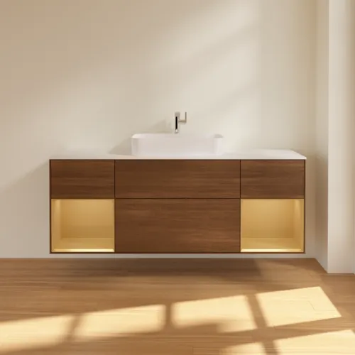 Bild von VILLEROY BOCH Finion Waschbeckenunterschrank, mit Beleuchtung, 4 Auszüge, 1600 x 603 x 501 mm, Walnut Veneer / Gold Matt Lacquer / Glass White Matt #F451HFGN