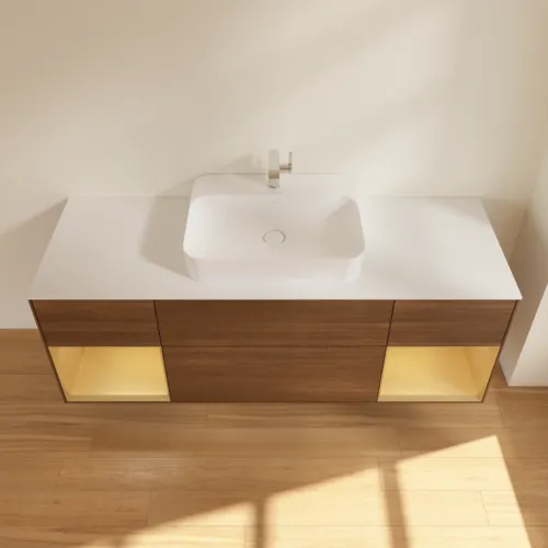Bild von VILLEROY BOCH Finion Waschbeckenunterschrank, mit Beleuchtung, 4 Auszüge, 1600 x 603 x 501 mm, Walnut Veneer / Gold Matt Lacquer / Glass White Matt #F451HFGN