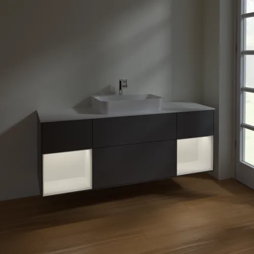 Picture of VILLEROY BOCH Finion Vanity unit, with lighting, 4 pull-out compartments, 1600 x 603 x 501 mm, Anthracite Matt Lacquer / White Matt Lacquer / Glass White Matt #F451MTGK