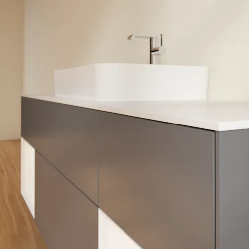 Picture of VILLEROY BOCH Finion Vanity unit, with lighting, 4 pull-out compartments, 1600 x 603 x 501 mm, Anthracite Matt Lacquer / White Matt Lacquer / Glass White Matt #F451MTGK