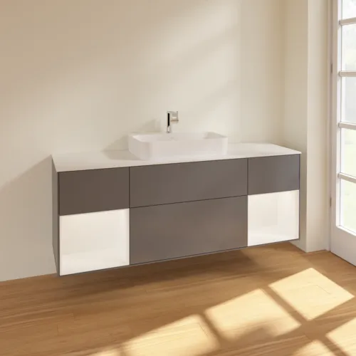 Picture of VILLEROY BOCH Finion Vanity unit, with lighting, 4 pull-out compartments, 1600 x 603 x 501 mm, Anthracite Matt Lacquer / White Matt Lacquer / Glass White Matt #F451MTGK