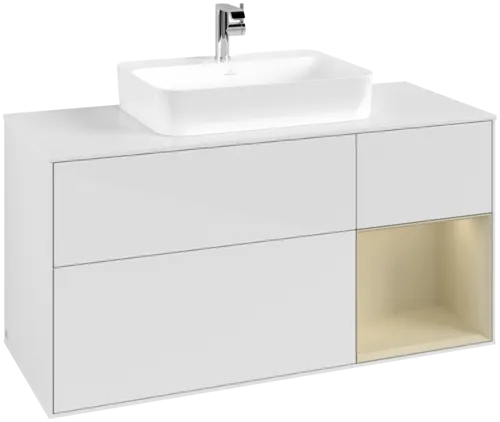 Bild von VILLEROY BOCH Finion Waschbeckenunterschrank, mit Beleuchtung, 3 Auszüge, 1200 x 603 x 501 mm, Glossy White Lacquer / Silk Grey Matt Lacquer / Glass White Matt #F421HJGF