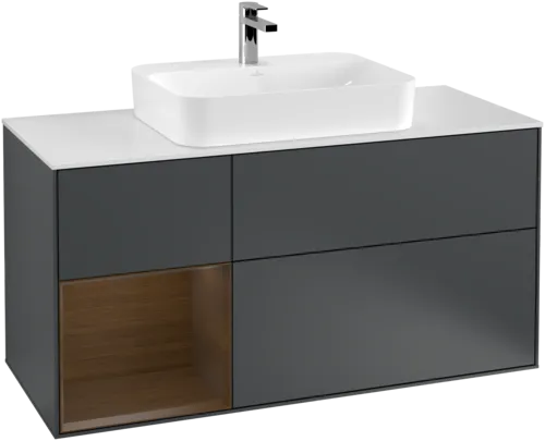 Bild von VILLEROY BOCH Finion Waschbeckenunterschrank, mit Beleuchtung, 3 Auszüge, 1200 x 603 x 501 mm, Midnight Blue Matt Lacquer / Walnut Veneer / Glass White Matt #F411GNHG