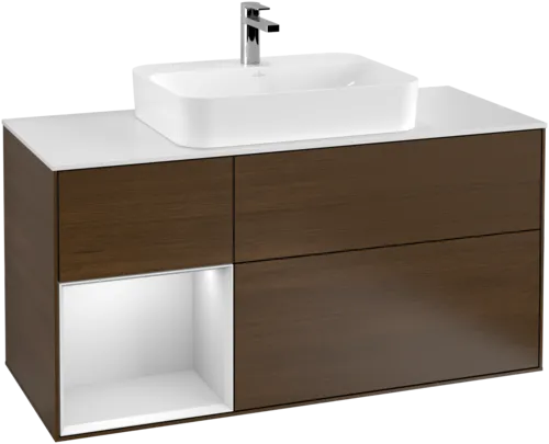 Obrázek VILLEROY BOCH Toaletní skříňka Finion, s osvětlením, 3 výsuvy, 1200 x 603 x 501 mm, ořechová dýha / bílý matný lak / bílé matné sklo #F411MTGN