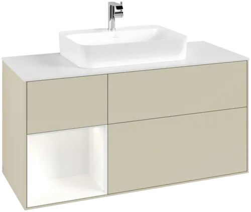 Bild von VILLEROY BOCH Finion Waschbeckenunterschrank, mit Beleuchtung, 3 Auszüge, 1200 x 603 x 501 mm, Silk Grey Matt Lacquer / White Matt Lacquer / Glass White Matt #F411MTHJ