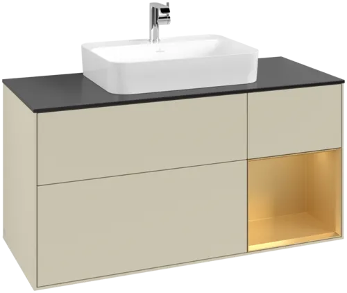 Bild von VILLEROY BOCH Finion Waschbeckenunterschrank, mit Beleuchtung, 3 Auszüge, 1200 x 603 x 501 mm, Silk Grey Matt Lacquer / Gold Matt Lacquer / Glass Black Matt #F422HFHJ