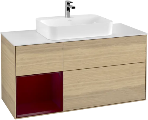 Bild von VILLEROY BOCH Finion Waschbeckenunterschrank, mit Beleuchtung, 3 Auszüge, 1200 x 603 x 501 mm, Oak Veneer / Peony Matt Lacquer / Glass White Matt #F411HBPC