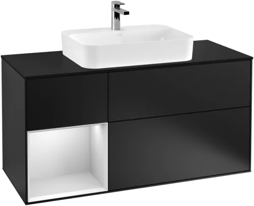 Bild von VILLEROY BOCH Finion Waschbeckenunterschrank, mit Beleuchtung, 3 Auszüge, 1200 x 603 x 501 mm, Black Matt Lacquer / White Matt Lacquer / Glass Black Matt #F412MTPD