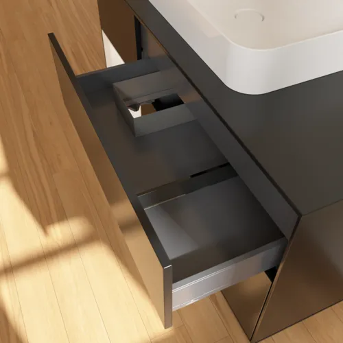 Bild von VILLEROY BOCH Finion Waschbeckenunterschrank, mit Beleuchtung, 3 Auszüge, 1200 x 603 x 501 mm, Black Matt Lacquer / White Matt Lacquer / Glass Black Matt #F412MTPD