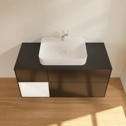 Bild von VILLEROY BOCH Finion Waschbeckenunterschrank, mit Beleuchtung, 3 Auszüge, 1200 x 603 x 501 mm, Black Matt Lacquer / White Matt Lacquer / Glass Black Matt #F412MTPD