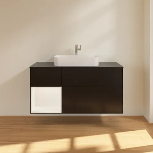 Bild von VILLEROY BOCH Finion Waschbeckenunterschrank, mit Beleuchtung, 3 Auszüge, 1200 x 603 x 501 mm, Black Matt Lacquer / White Matt Lacquer / Glass Black Matt #F412MTPD