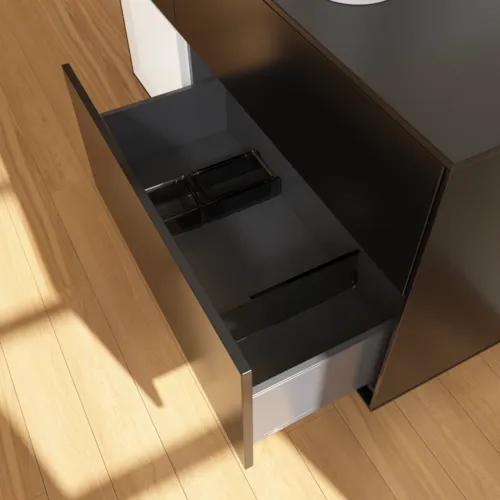 Bild von VILLEROY BOCH Finion Waschbeckenunterschrank, mit Beleuchtung, 3 Auszüge, 1200 x 603 x 501 mm, Black Matt Lacquer / White Matt Lacquer / Glass Black Matt #F412MTPD
