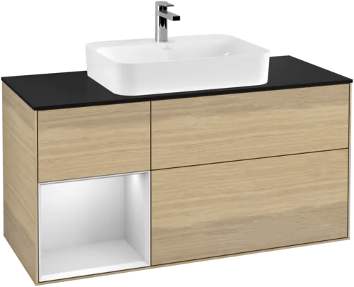Obrázek VILLEROY BOCH Toaletní skříňka Finion, s osvětlením, 3 výsuvy, 1200 x 603 x 501 mm, dubová dýha / bílý matný lak / černé matné sklo #F412MTPC