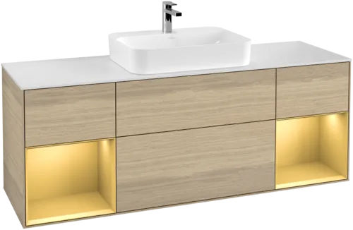 Bild von VILLEROY BOCH Finion Waschbeckenunterschrank, mit Beleuchtung, 4 Auszüge, 1600 x 603 x 501 mm, Oak Veneer / Gold Matt Lacquer / Glass White Matt #F451HFPC