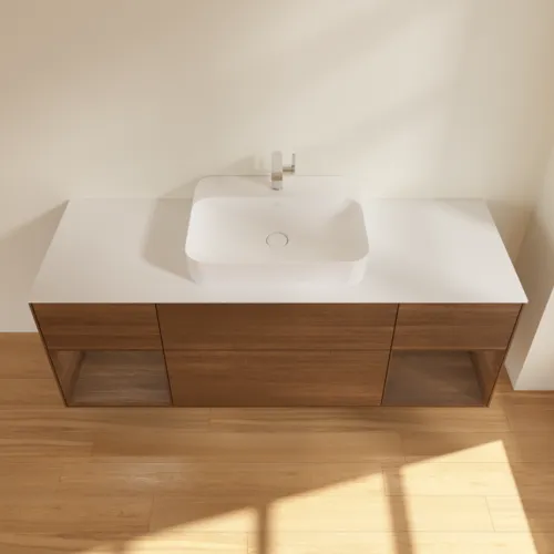 Bild von VILLEROY BOCH Finion Waschbeckenunterschrank, mit Beleuchtung, 4 Auszüge, 1600 x 603 x 501 mm, Walnut Veneer / Walnut Veneer / Glass White Matt #F451GNGN