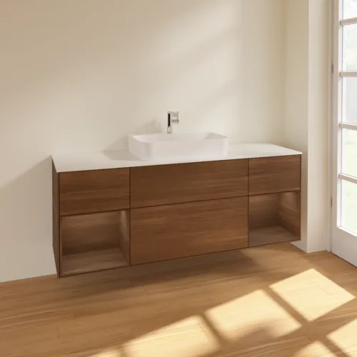 Bild von VILLEROY BOCH Finion Waschbeckenunterschrank, mit Beleuchtung, 4 Auszüge, 1600 x 603 x 501 mm, Walnut Veneer / Walnut Veneer / Glass White Matt #F451GNGN