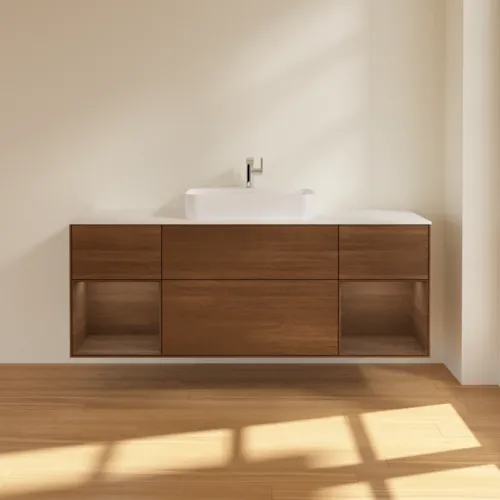 Bild von VILLEROY BOCH Finion Waschbeckenunterschrank, mit Beleuchtung, 4 Auszüge, 1600 x 603 x 501 mm, Walnut Veneer / Walnut Veneer / Glass White Matt #F451GNGN