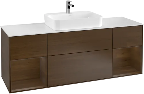 Bild von VILLEROY BOCH Finion Waschbeckenunterschrank, mit Beleuchtung, 4 Auszüge, 1600 x 603 x 501 mm, Walnut Veneer / Walnut Veneer / Glass White Matt #F451GNGN