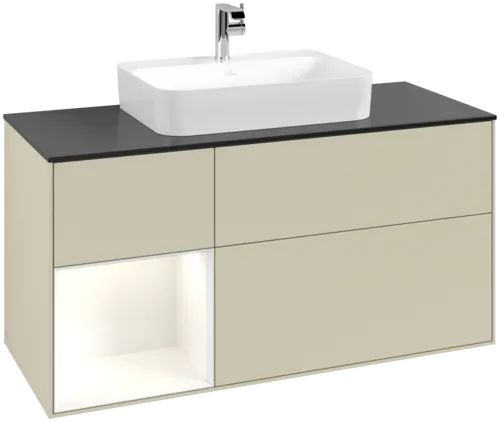 Bild von VILLEROY BOCH Finion Waschbeckenunterschrank, mit Beleuchtung, 3 Auszüge, 1200 x 603 x 501 mm, Silk Grey Matt Lacquer / Glossy White Lacquer / Glass Black Matt #F412GFHJ