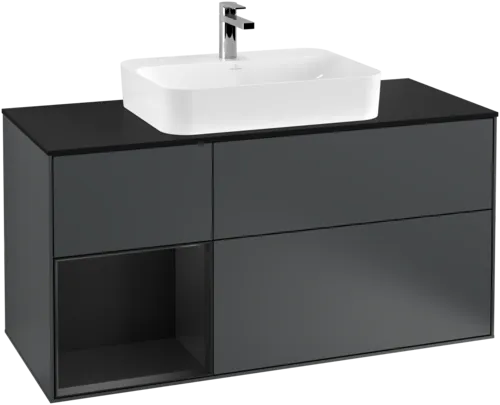 Bild von VILLEROY BOCH Finion Waschbeckenunterschrank, mit Beleuchtung, 3 Auszüge, 1200 x 603 x 501 mm, Midnight Blue Matt Lacquer / Black Matt Lacquer / Glass Black Matt #F412PDHG