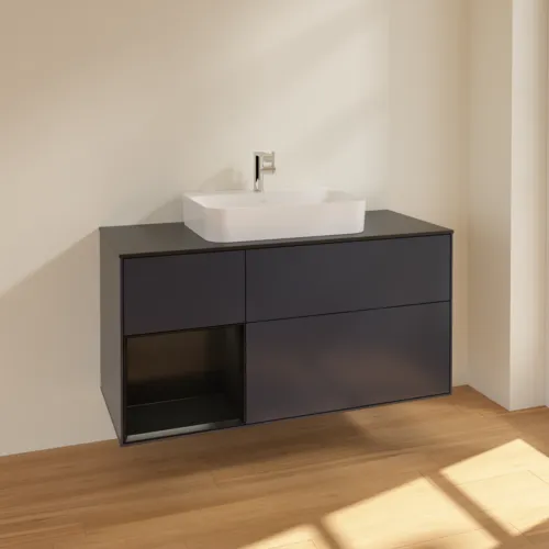 Bild von VILLEROY BOCH Finion Waschbeckenunterschrank, mit Beleuchtung, 3 Auszüge, 1200 x 603 x 501 mm, Midnight Blue Matt Lacquer / Black Matt Lacquer / Glass Black Matt #F412PDHG