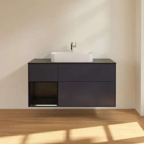 Bild von VILLEROY BOCH Finion Waschbeckenunterschrank, mit Beleuchtung, 3 Auszüge, 1200 x 603 x 501 mm, Midnight Blue Matt Lacquer / Black Matt Lacquer / Glass Black Matt #F412PDHG