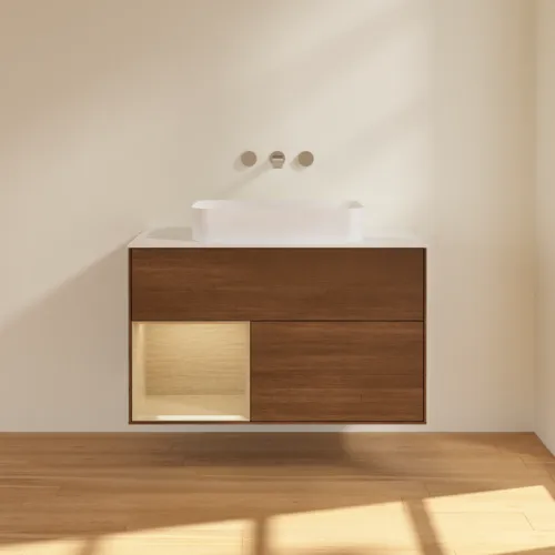Bild von VILLEROY BOCH Finion Waschbeckenunterschrank, mit Beleuchtung, 2 Auszüge, 1000 x 603 x 501 mm, Walnut Veneer / Oak Veneer / Glass White Matt #F651PCGN