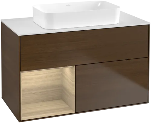 Bild von VILLEROY BOCH Finion Waschbeckenunterschrank, mit Beleuchtung, 2 Auszüge, 1000 x 603 x 501 mm, Walnut Veneer / Oak Veneer / Glass White Matt #F651PCGN