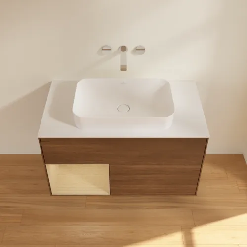 Bild von VILLEROY BOCH Finion Waschbeckenunterschrank, mit Beleuchtung, 2 Auszüge, 1000 x 603 x 501 mm, Walnut Veneer / Oak Veneer / Glass White Matt #F651PCGN