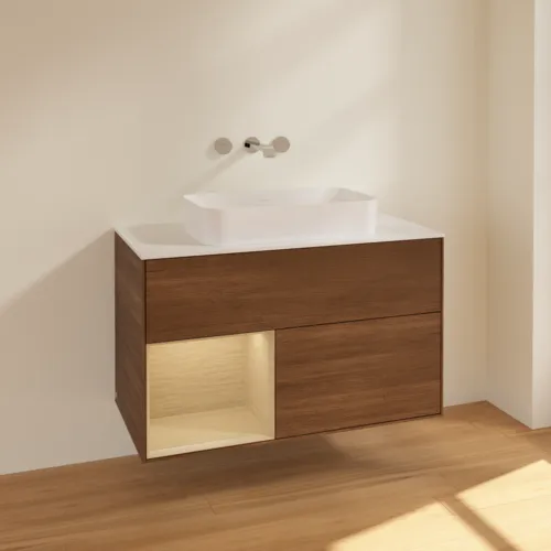 Bild von VILLEROY BOCH Finion Waschbeckenunterschrank, mit Beleuchtung, 2 Auszüge, 1000 x 603 x 501 mm, Walnut Veneer / Oak Veneer / Glass White Matt #F651PCGN