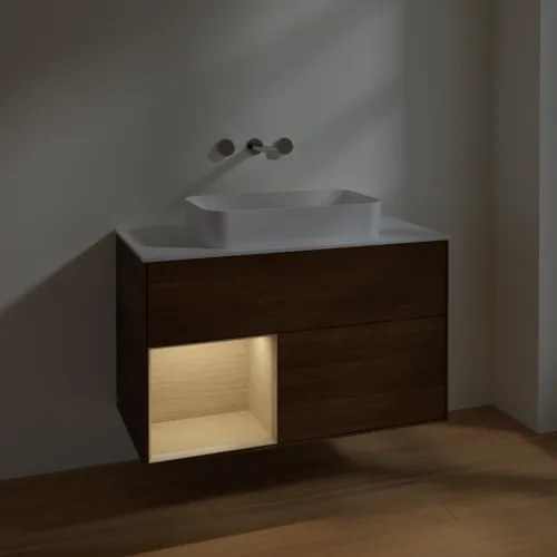 Bild von VILLEROY BOCH Finion Waschbeckenunterschrank, mit Beleuchtung, 2 Auszüge, 1000 x 603 x 501 mm, Walnut Veneer / Oak Veneer / Glass White Matt #F651PCGN