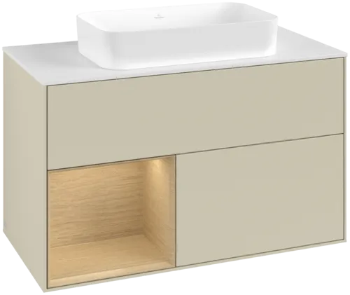 Bild von VILLEROY BOCH Finion Waschbeckenunterschrank, mit Beleuchtung, 2 Auszüge, 1000 x 603 x 501 mm, Silk Grey Matt Lacquer / Oak Veneer / Glass White Matt #F651PCHJ
