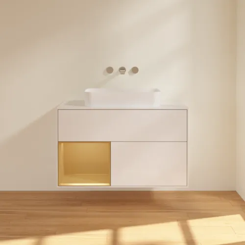 Bild von VILLEROY BOCH Finion Waschbeckenunterschrank, mit Beleuchtung, 2 Auszüge, 1000 x 603 x 501 mm, Glossy White Lacquer / Gold Matt Lacquer / Glass White Matt #F651HFGF