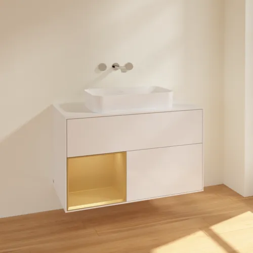 Bild von VILLEROY BOCH Finion Waschbeckenunterschrank, mit Beleuchtung, 2 Auszüge, 1000 x 603 x 501 mm, Glossy White Lacquer / Gold Matt Lacquer / Glass White Matt #F651HFGF