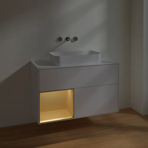 Bild von VILLEROY BOCH Finion Waschbeckenunterschrank, mit Beleuchtung, 2 Auszüge, 1000 x 603 x 501 mm, Glossy White Lacquer / Gold Matt Lacquer / Glass White Matt #F651HFGF