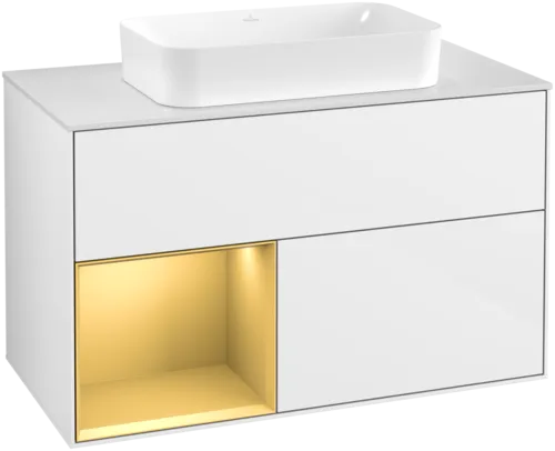 Bild von VILLEROY BOCH Finion Waschbeckenunterschrank, mit Beleuchtung, 2 Auszüge, 1000 x 603 x 501 mm, Glossy White Lacquer / Gold Matt Lacquer / Glass White Matt #F651HFGF